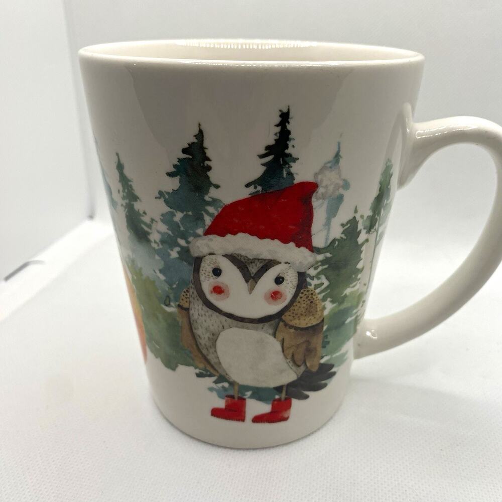 Cute Woodland Christmas Mug Fox Owl Raccoon Winter Forest Ceramic 4.5”